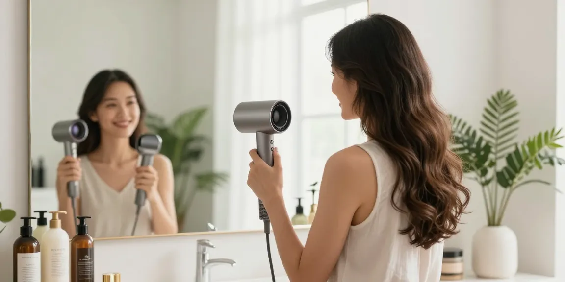 Elegante Frau verwendet einen Ionenföhn im modernen Badezimmer mit stilvollen Pflegeprodukten.