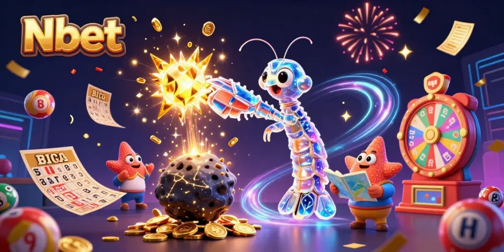 Experience the thrill of Nbet casino with 3D characters and vibrant casino elements exploding into action.