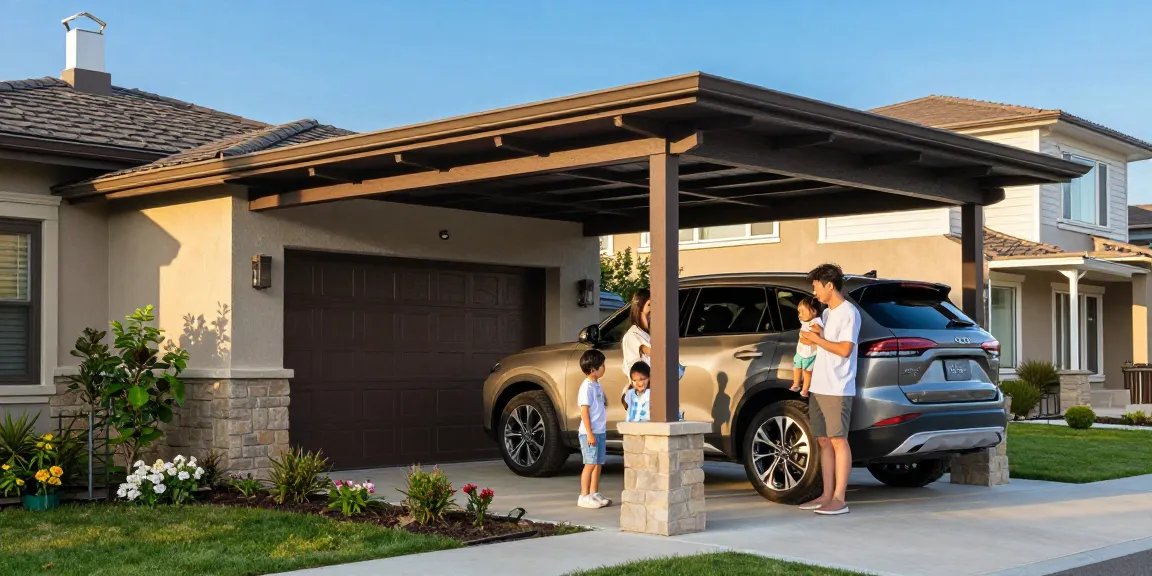 Moderne Carport-Konstruktion mit Familie und SUV in einem schönen Wohnumfeld.