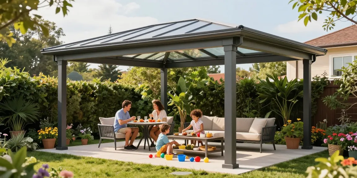 Moderne Terrassenüberdachungen bieten Schutz und Komfort für Familien im Garten.
