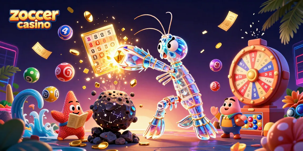 Zoccer casino showcases a galactic samurai mantis shrimp and starfish amidst dynamic lottery elements.