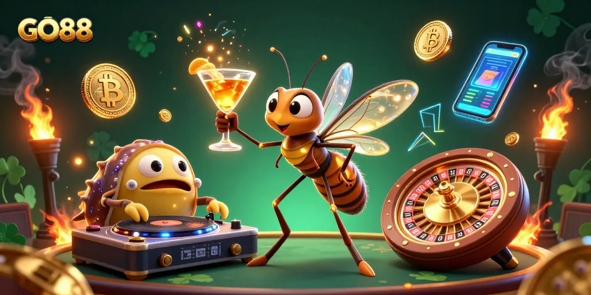 Engage with GO88 at a vibrant casino, featuring characters and dazzling gaming elements.