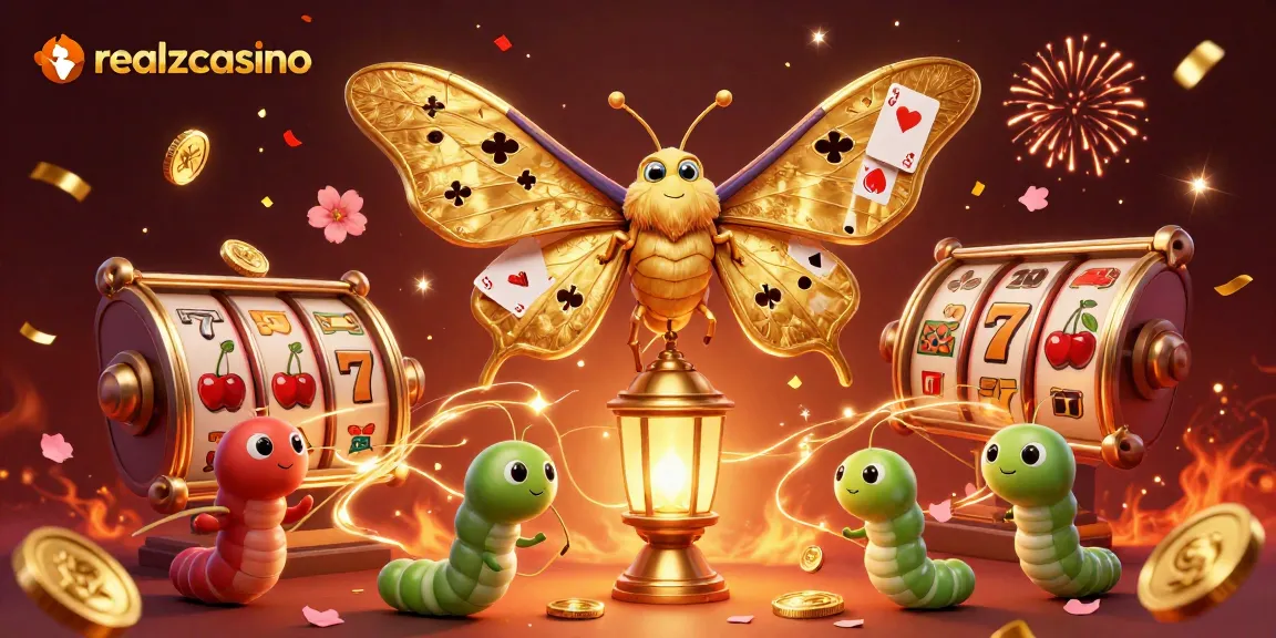 Erlebe die aufregende Welt von realzcasino mit einem majestätischen bunten Nachtfalter, der von goldenen Casino-Elementen umgeben ist.
