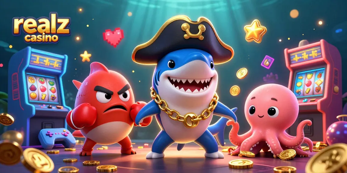 Experience vibrant gaming fun at realz casino with colorful characters and dynamic slot elements in this stunning illustration.