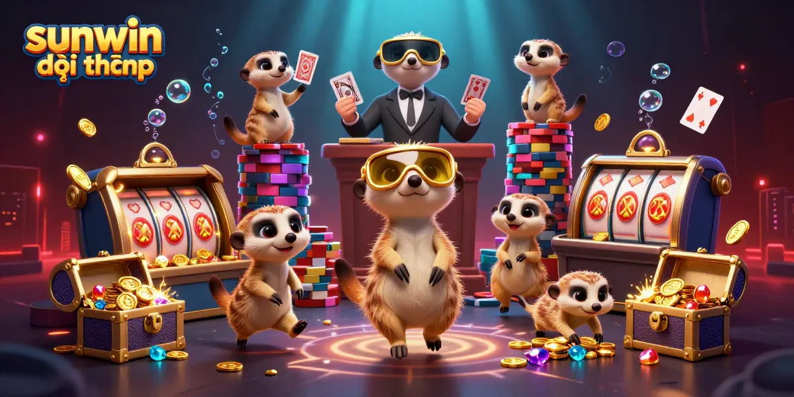 Engage in sunwin đổi thưởng at a vibrant casino run by cheerful meerkats amidst sparkling treasures.